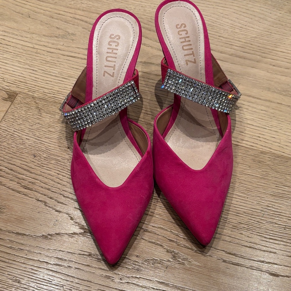SCHUTZ Pink Mules with Rhinestone Detail